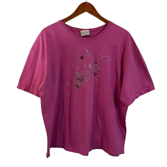 Top Stitch Pink Crewneck T Shirt Rhinestone Studded Applique Hearts Short Sleeve - Picture 1 of 7